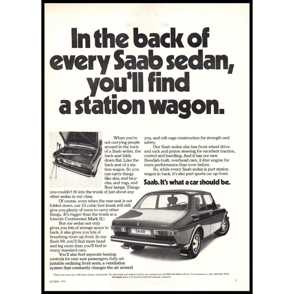 1974 Saab 99 2 Door Vintage Print Ad Large Trunk Snow Skis Winter Wall Art